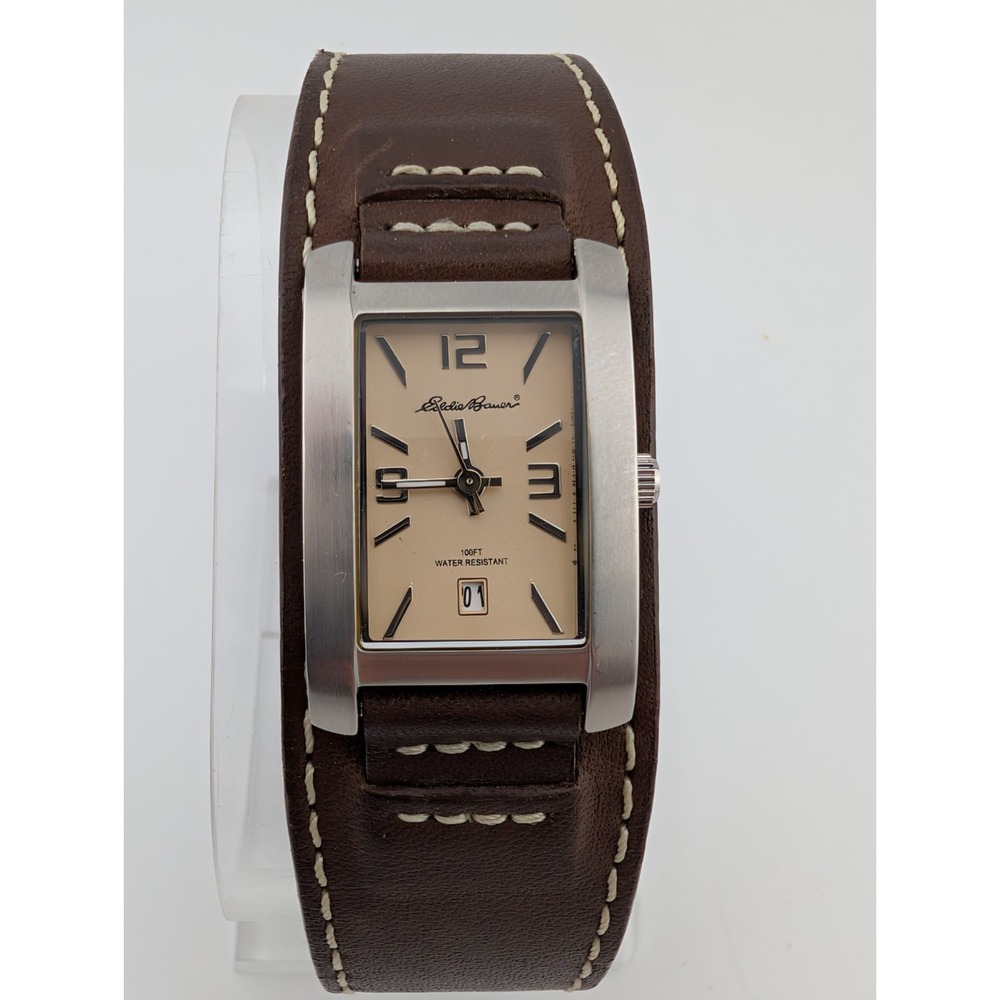 Eddie Bauer Watch Women 21mm Silver Case Brown Leather Bund Strap- New Battery